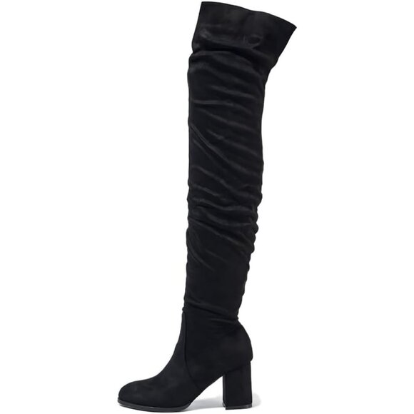 Women Black Suede Leather Pull On Side Zipper Chunky Block Heel Thigh High Boots - Picture 1 of 6